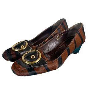 COACH:  Margaret Zebra Calf Hair Buckle Wedge Close toed Heel - Size 6